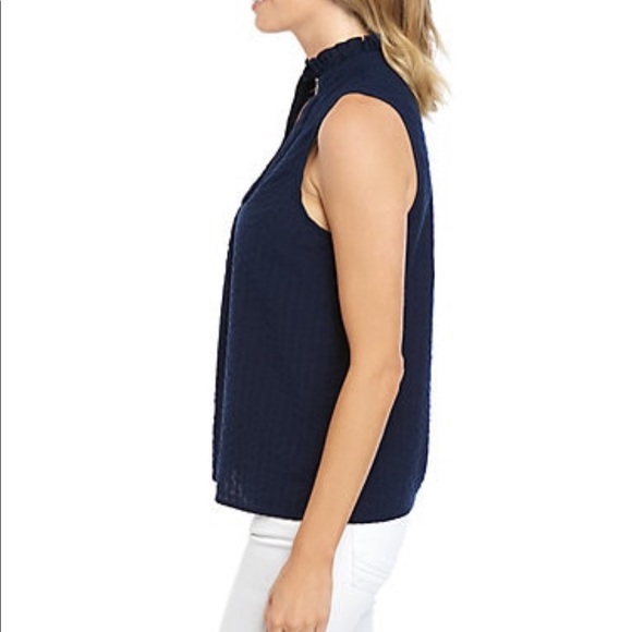 Petite Sleeveless Ruffle Split Neck Blouse - Blue - Picture 3 of 4
